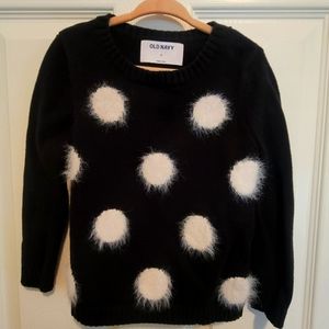 Old Navy black knit sweater with white mohair polka dots